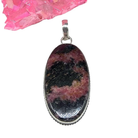 Rhodonite Necklace Pendant 925 Sterling Silver Overlay Oval Stone Pink Boho